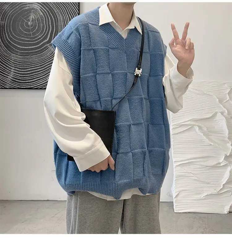 Spring Autumn Fashion Solid Casual Pullover Tess Vest Men Loose Knitted Top Student Preppy Style Sweater Gentle Retro PatchworkXJ241221