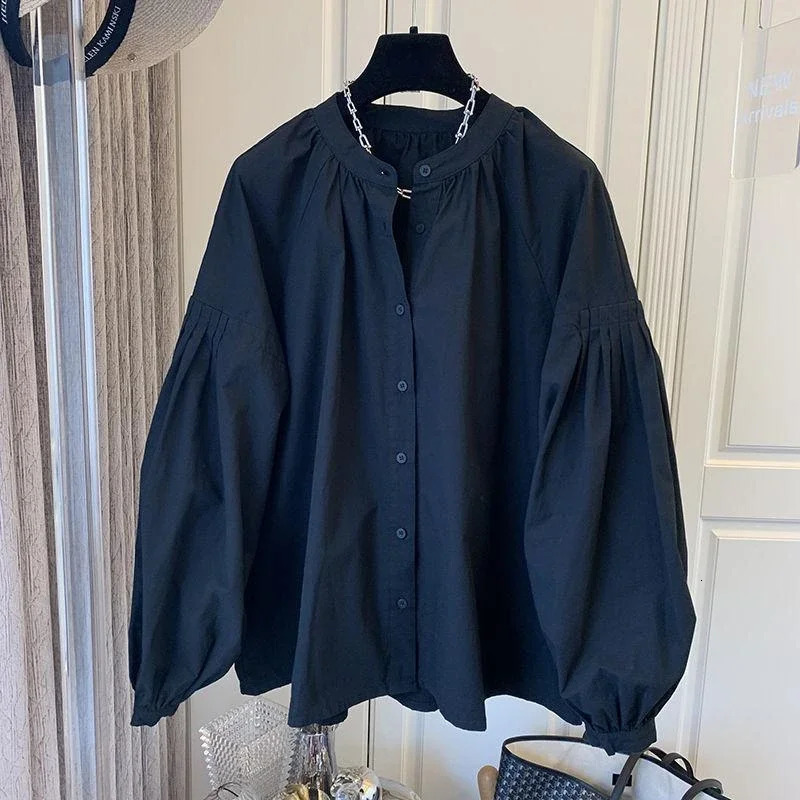 Oversized Vintage Blouses Puff Sleeve Solid Color Button Cardigan Shirts Spring Casual Loose French Elegant All Match Women Tops 241218