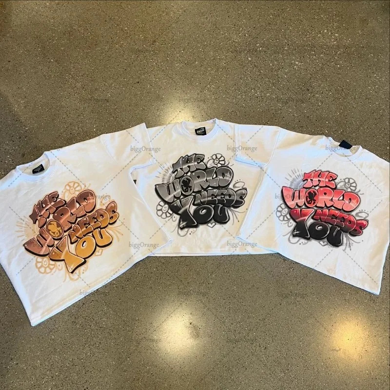 Trendy Colorful Streetwear Y2K Harajuku Retro Letter Printing Oversized Tshirt Men Pure Cotton Casual Tops Couples 241217