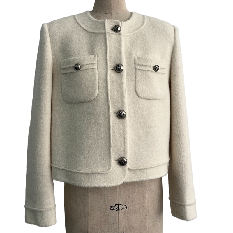 women's coat new fashion woolen gold button coat retro round neck long sleeve elegant female coat