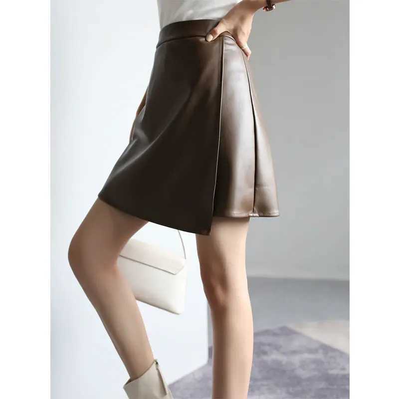 Simplicity Office Lady Autumn Winter Women Solid Zipper Split Korean Fashion Chic High Waist Short Slim A-line PU Leather SkirtXJ241221