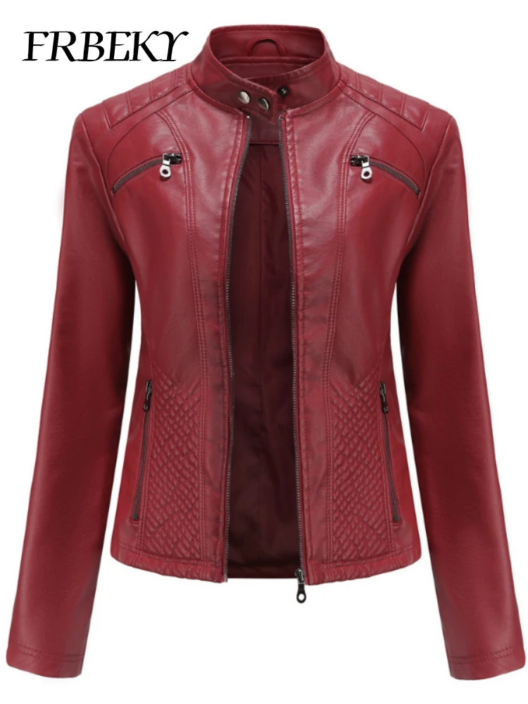 Women coat Autumn Casual Leather Jacket Standing Collar Long Sleeve Slim Solid Color Coat Streetwear Zipper 241216