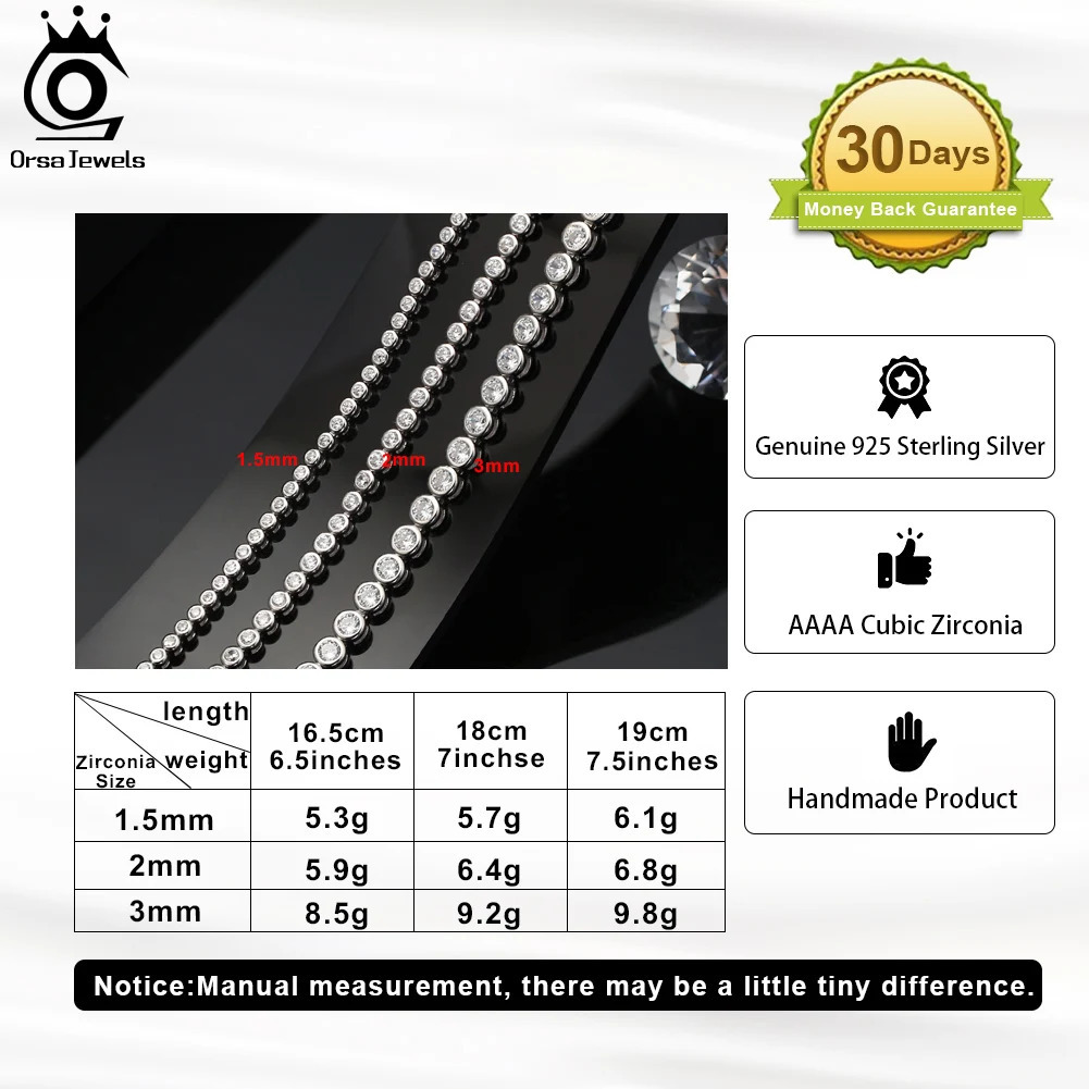 ORSA JEWELS 925 Sterling Silver Tennis Chain Bracelet 1.5/2/3mm A Zirconia Handmade Bracelet for Women Fashion Jewelry SB143 241220