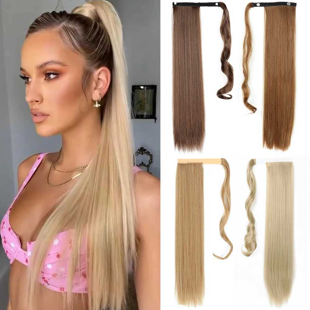22inch 34inch Synthetic Long Straight Ponytail Hairpiece Wrap on Hair Clip Ombre Brown Blonde Hair Extensions Pony TailXJ241221