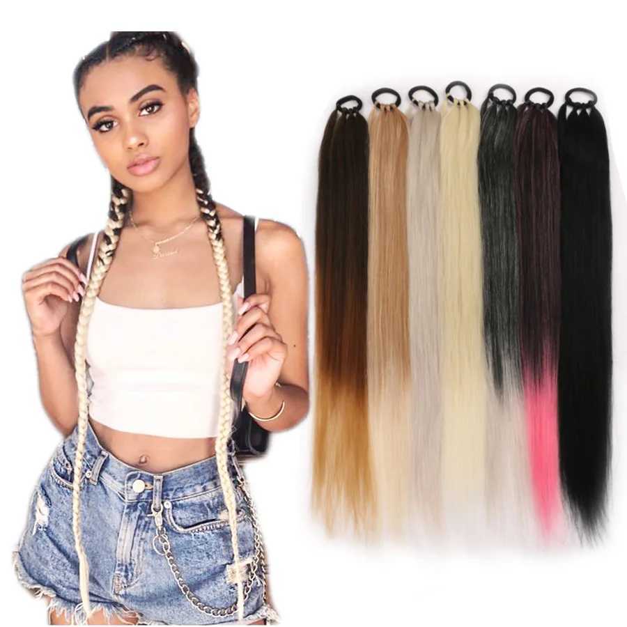 Ponytail Extensions Synthetic Boxing Braids 26 Inch Brown Wrap Around gnon Tail With Rubber Band Hair Ring Ombre Braid GreyXJ241221