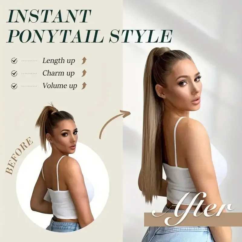 Long Straight Clip in Ponytail Extensions for Women Natural Synthetic Wrap Around Ponytail False Hair Black Straight Horse TailXJ241221