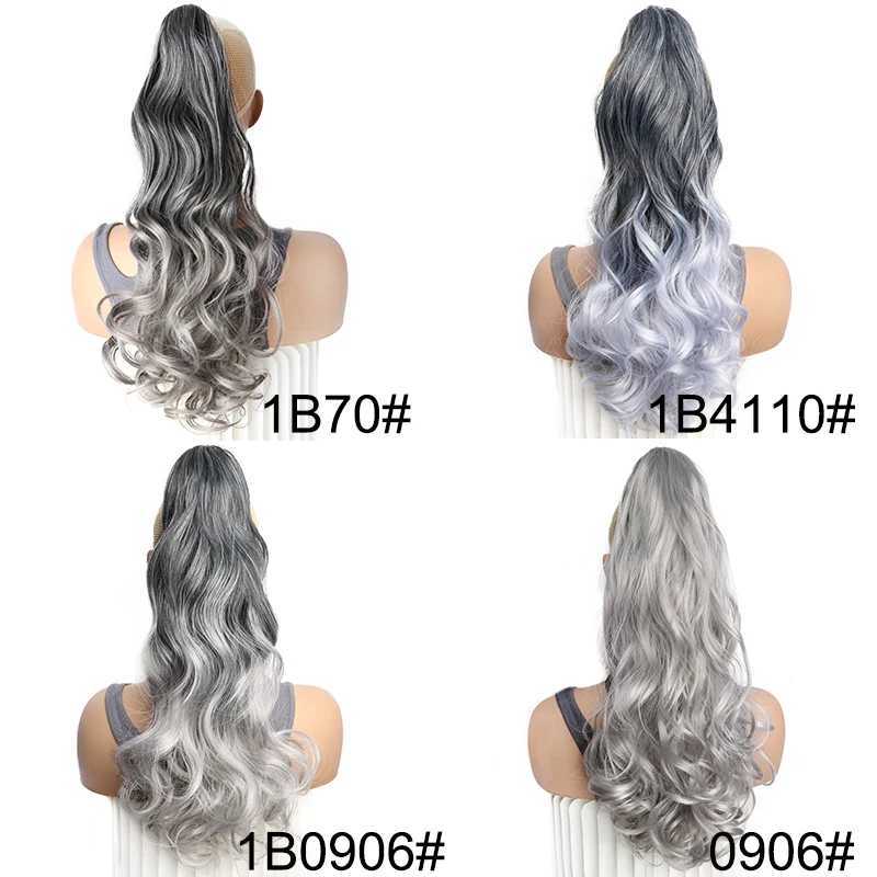 18Inch Synthetic Long Wavy Curly Ponytail Claw Clip in Hair Extension Black Grey Hairpiece for WomenXJ241221
