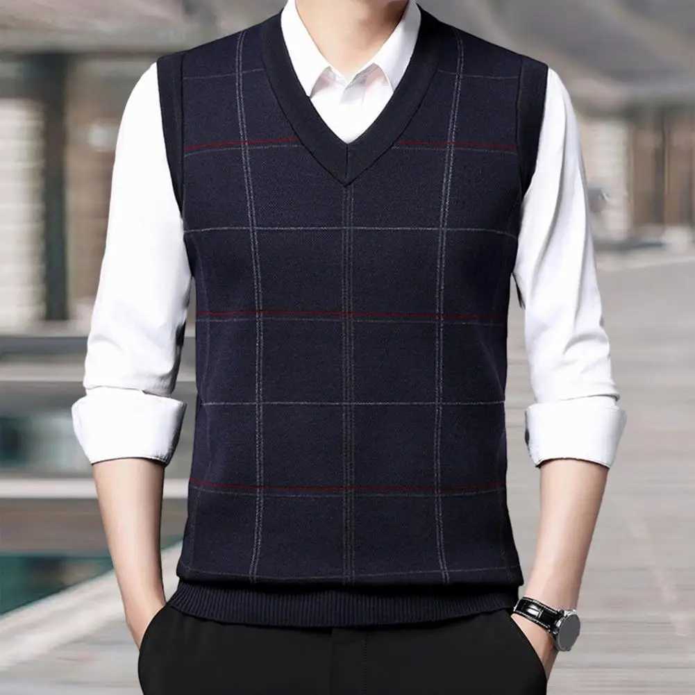 Men Fall Spring Sweater Vest Knitted Loose Pullover Vest Plaid Print Elastic Soft Warm Mid-aged Father Grandfather Sweater VestXJ241221