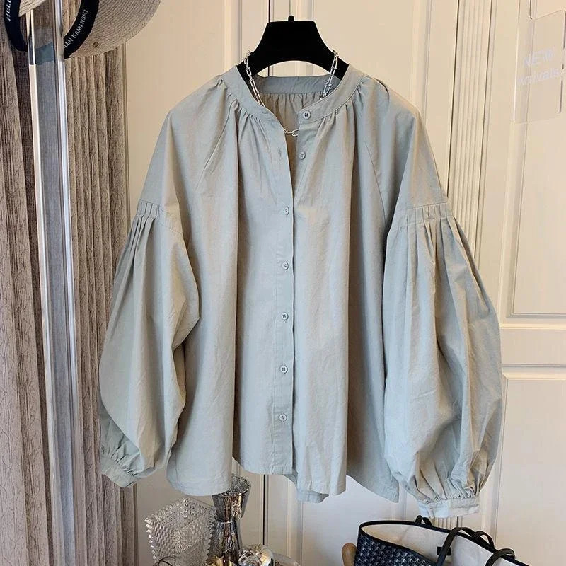 Oversized Vintage Blouses Puff Sleeve Solid Color Button Cardigan Shirts Spring Casual Loose French Elegant All Match Women Tops 241218