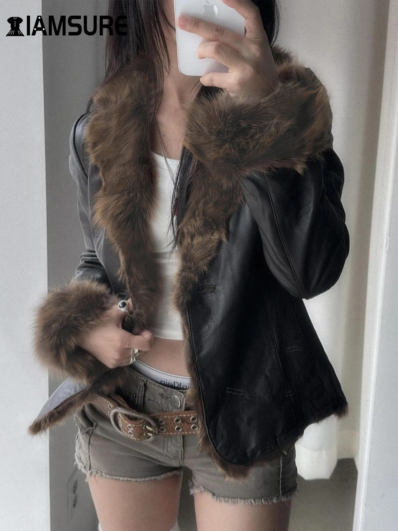 IAMSURE Casual Patchwork Fur Trim Pu Leather Jackets Slim TurnDown Collar Single Button Long Sleeve Coats Women Winter 241216