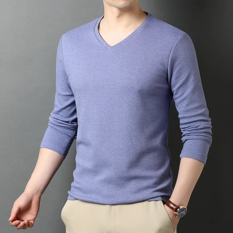 Boreathiman Top Quality Fashion Solid Color Plain Tees V Neck Long Sleeve t Shirt Men Cotton Casual Clothes 241217