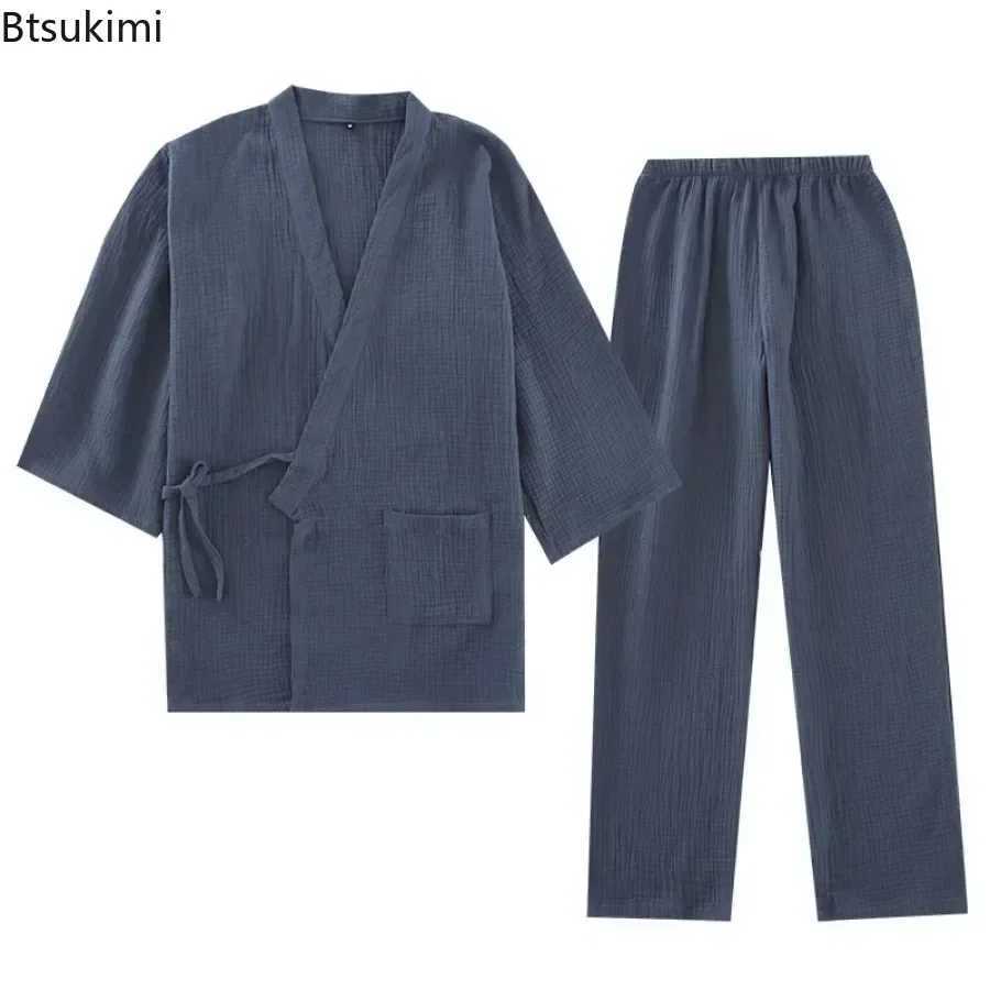 2025 mens cotton pajamas loose bathroom V-neck kimono pajamas one-third set lace top+mens casual pants set W241221