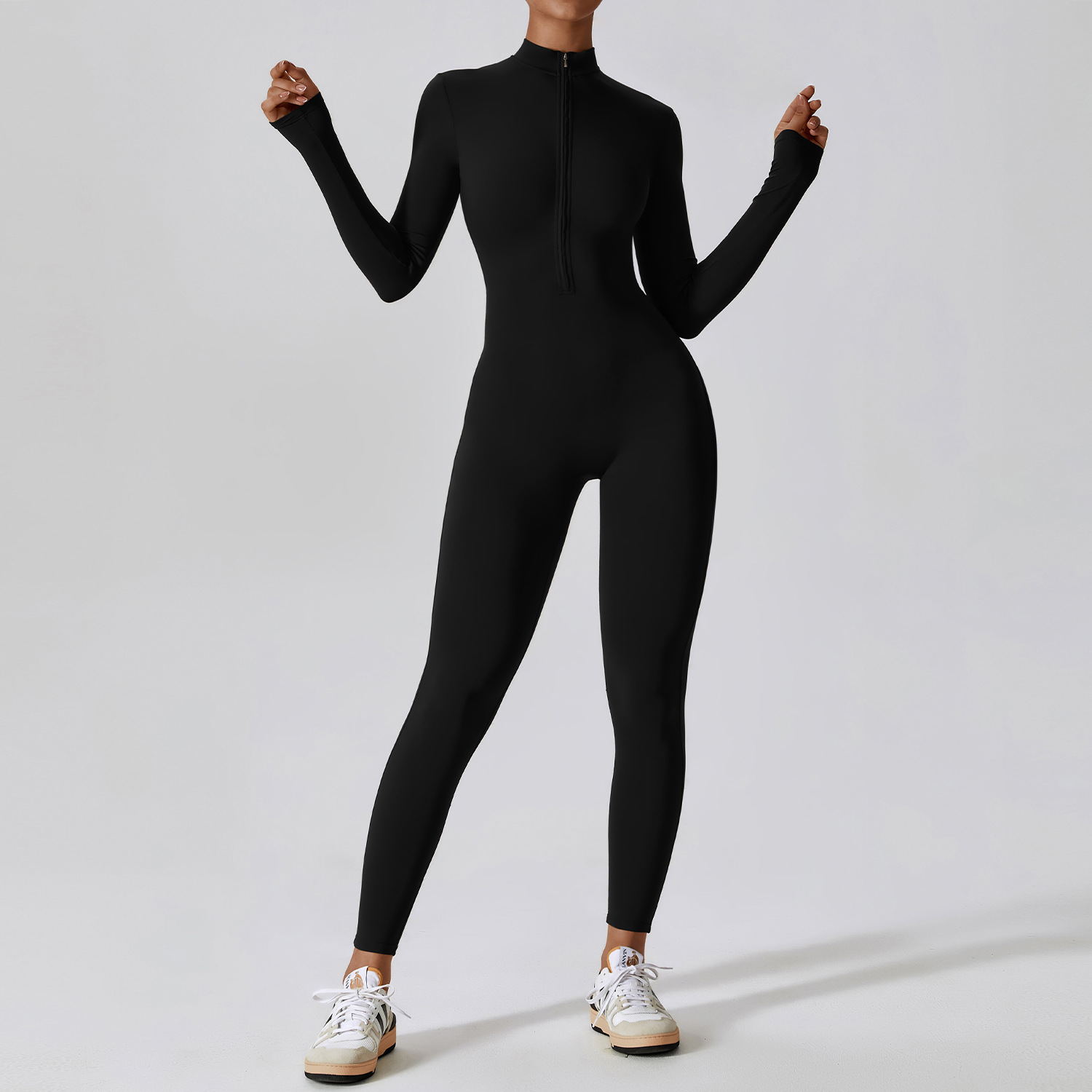 Zipper Nude Long Sleeve Yoga Bodysuit High Intensity Fitness Workout One Piece Leotard