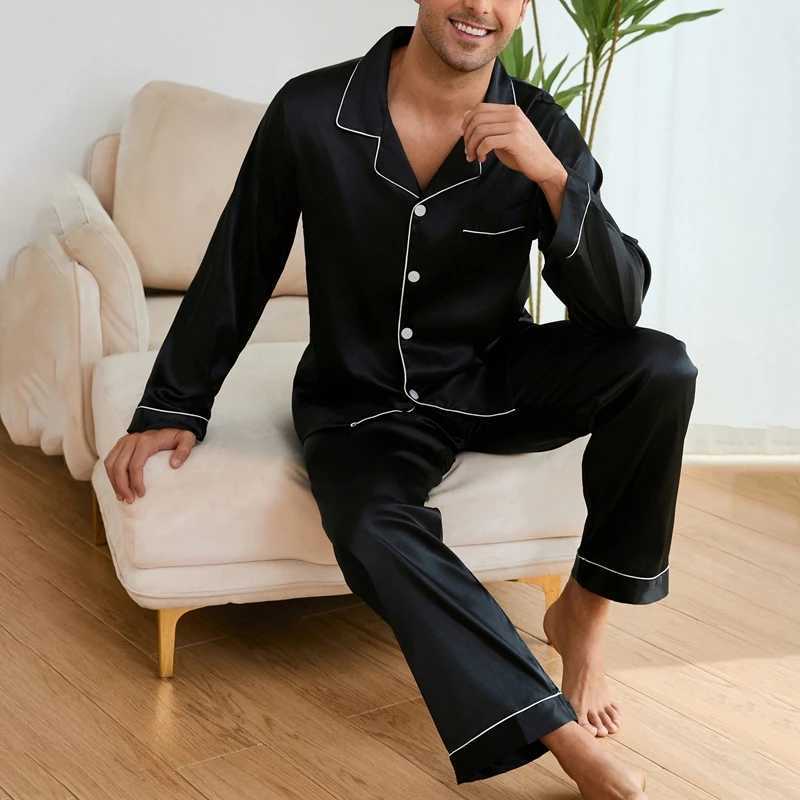 Mens satin pajama set autumn collar long sleeved top and pants pajama button down jacket mens pajama W241221