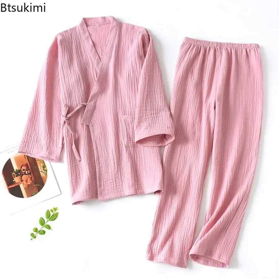2025 mens cotton pajamas loose bathroom V-neck kimono pajamas one-third set lace top+mens casual pants set W241221