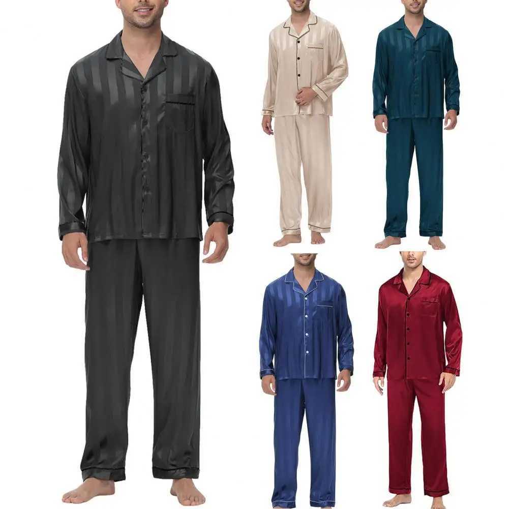 2-piece/set silk satin mens sleepwear set buttoned sleepwear top chest pocket long pants set comfortable sleepwear W241221