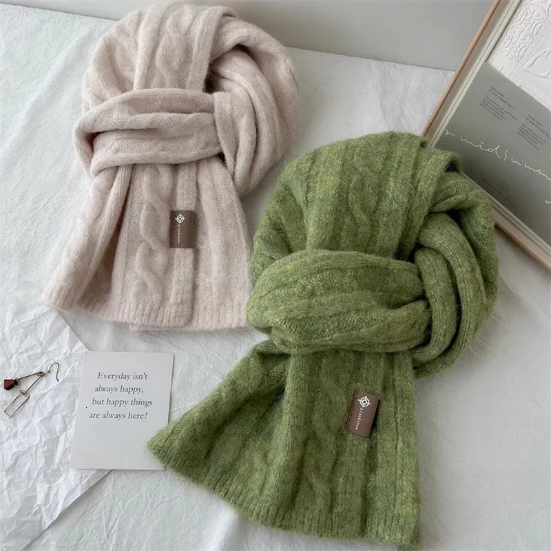 Pure Color Twist Knit Wool Blends Scarf Autumn Winter Lady Men Neckerchief Lovers Student Soft Warm Pashmina Shawl Muffler 241220