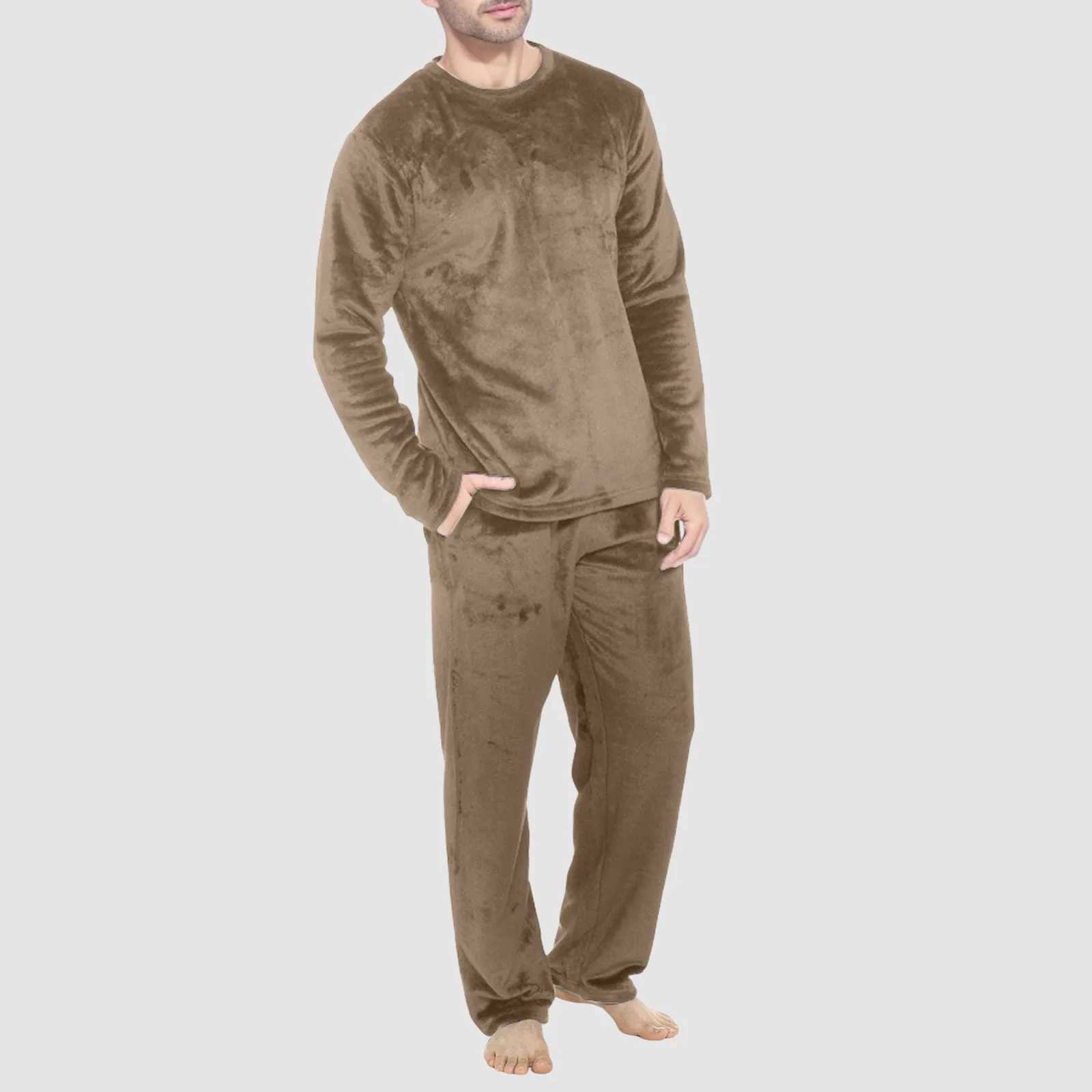 Mens Autumn Warm Coral Velvet Pajama Set Solid Color Pajama Wool 2-piece Set Long Sleeve Zipper Top+Pants Set W241221