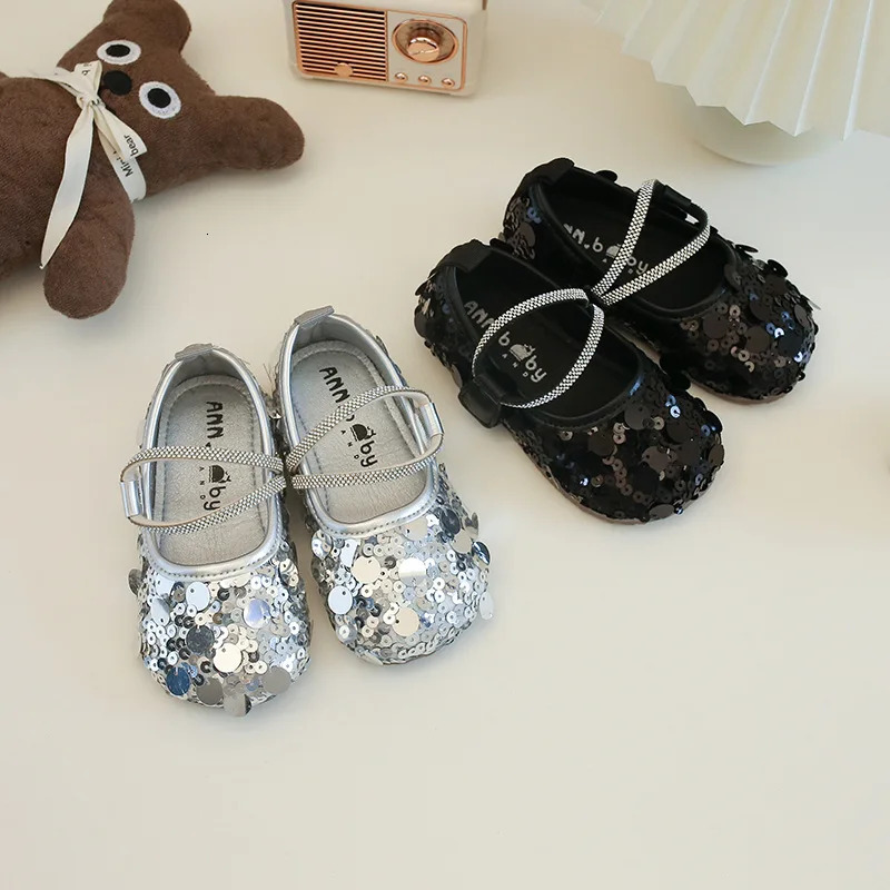 Sparkly Girls Leather Princess Shoes Wedding Party Baby Girl Sequined Children Dress Shoes Gracefully Shallow Footwear H08101 241220