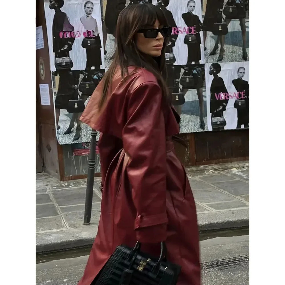 Women Fashion with Belt Long Style Single Breasted Faux Leather Coat Vintage Sleeve Pockets Female Outerwear 241216