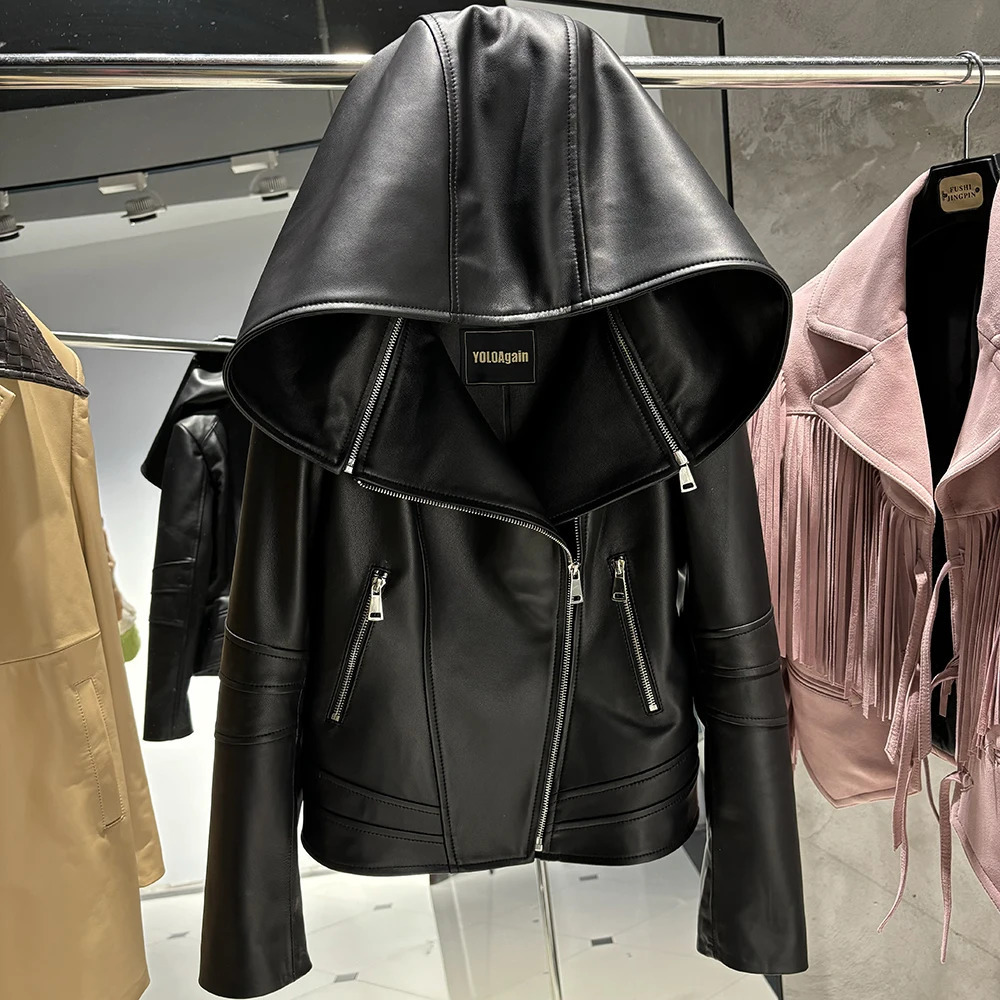YOLOAgain Women Real Leather Jacket With Hood Genuine Sheepskin Coat 241216