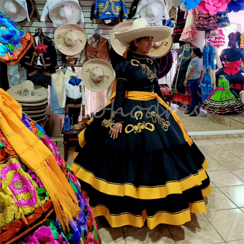 Mexican Black Quinceanera Dress Charro Embroidery Horse Long Sleeve Birthday Party Sweet 16 Vestidos De 15 Anos Xv Debutante Halloween Cosplay Costume