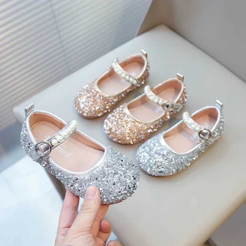 Sneakers Girls Sandals Gold Sequins Pearls Princess Shoes Dance Kids Shoes Pink Non-Slip Lightweight Silver Kids Crystal Shoes Sandals H241221