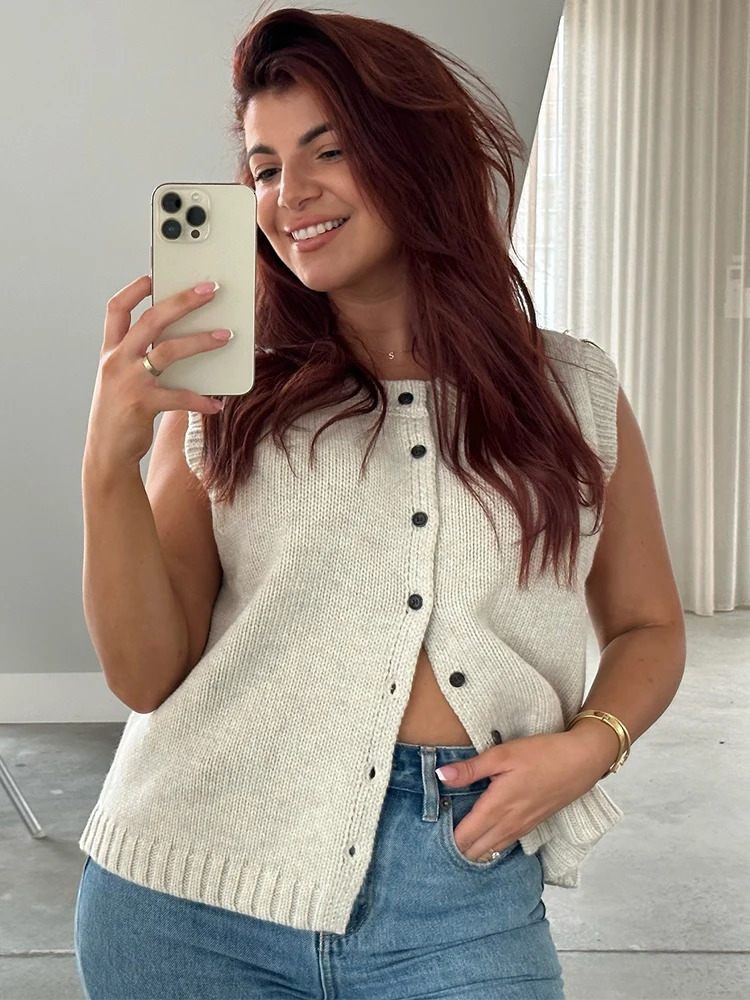 Trendix Knit Vest Women Autumn Street Casual Single Cardigan Tank Tops Femme Solid Trendy Knitwear Sleeveless Sweater Top 241218