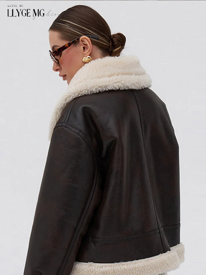 Casual Bomber Jacket Women Lapel Loose Faux Leather Lamb Wool Overcoat Woman Full Sleeve Zipper Patchwork Warm Coat Lady Vintage 241216