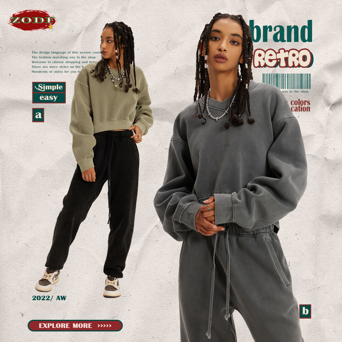 ZODF 2023 Winter Women Short Fleece Cropped Sweatshirts Girls Female Hip Hop Loose 380Gsm V-Neck Pullovers Brand Tops Hy0437