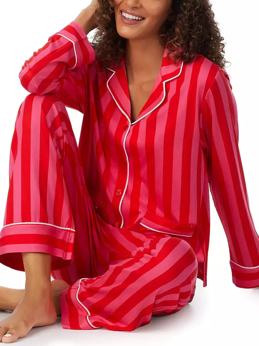 Womens Christmas Pajama Set Striped Long Sleeve Button Down Tops Elastic Waist Pants Lounge Harajuku Home Suit Sleepwear 241217