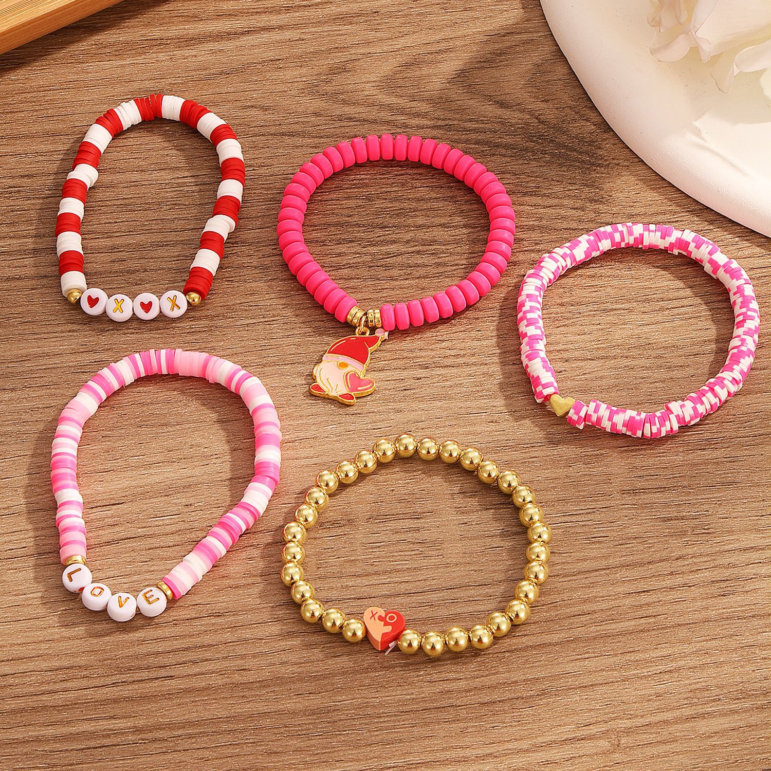 Valentine's Day Pink Heart Charm Elastic Bracelet with Soft Clay Beads 2025 Fashion Letter Jewelry Set Party Birthday Gifts