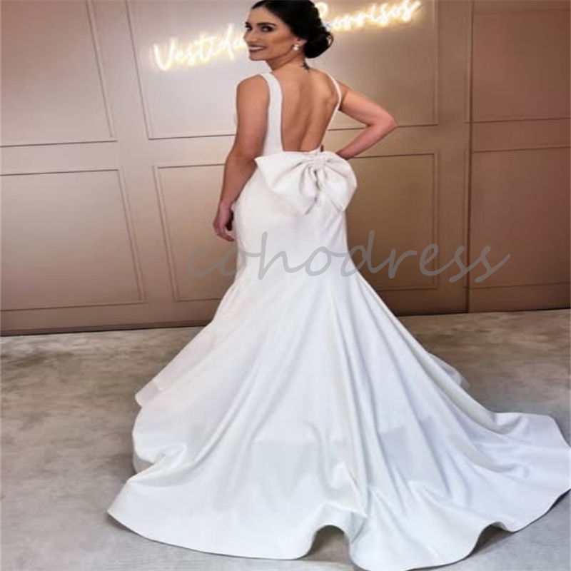 Minimalist Boho Wedding Dress Spaghetti Straps Square Satin Country Bridal Gowns Sexy Backless Bow Beach Bride Plus Size Gelinlik Vestio De Novia 2025