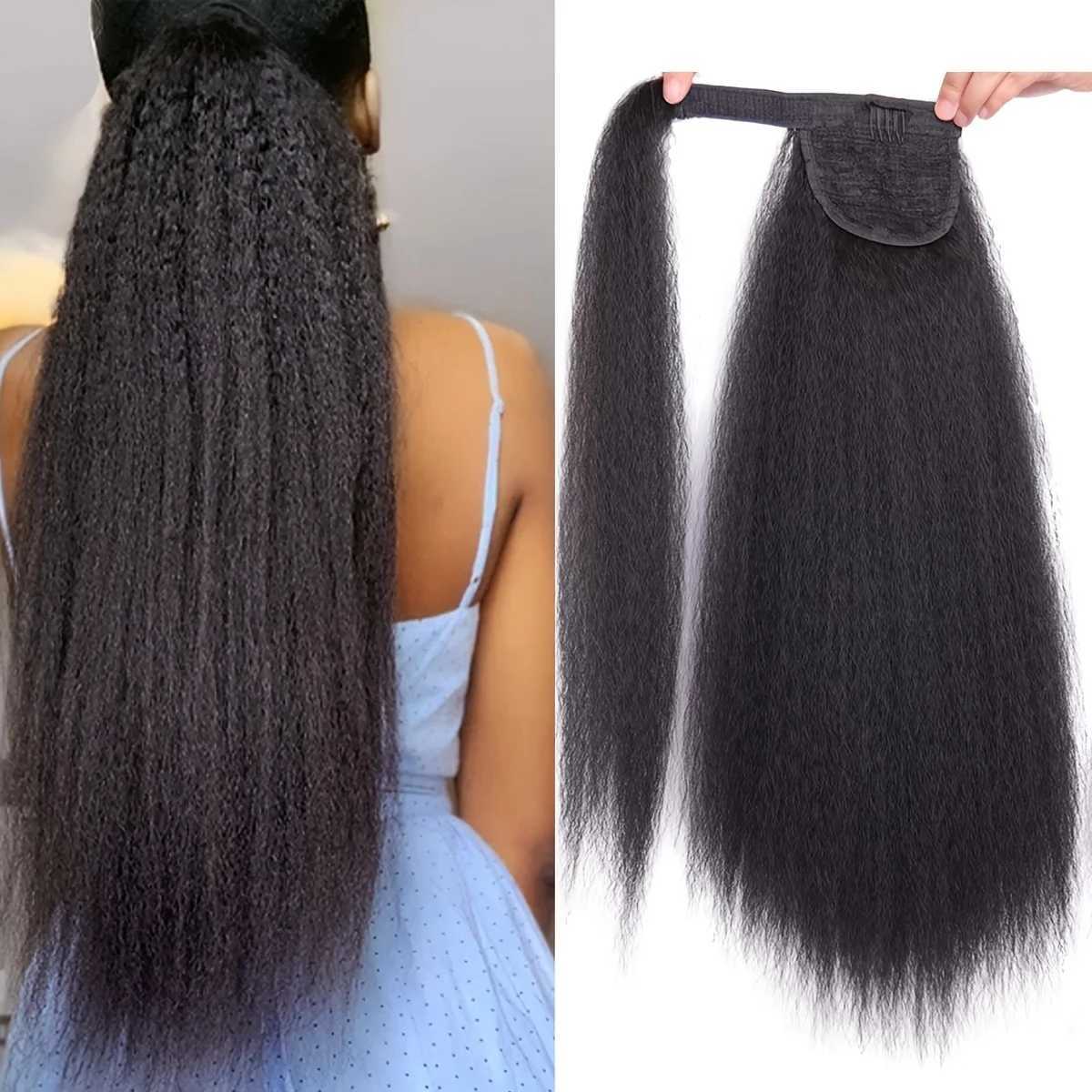 Synthetic Wrap Around Long Ponytail Extension Natural Black Yaki Ponytail Extension for Women Pony Tails Hair ExtensionsXJ241221
