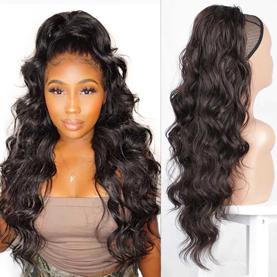 Vigorous Synthetic Long Body Wavy Drawstring Ponytail for Women Synthetic Wave Hair Extension Clip in Hairpiece Black Fake HairXJ241221