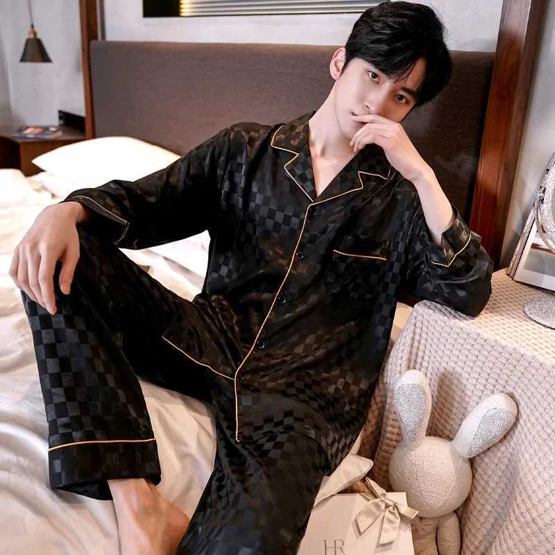 Boys Fashion Pajamas Mens 2024 Spring and Autumn Long sleeved Pants Pajamas Youth Thin Ice Silk Summer Casual Set Pajamas W241221