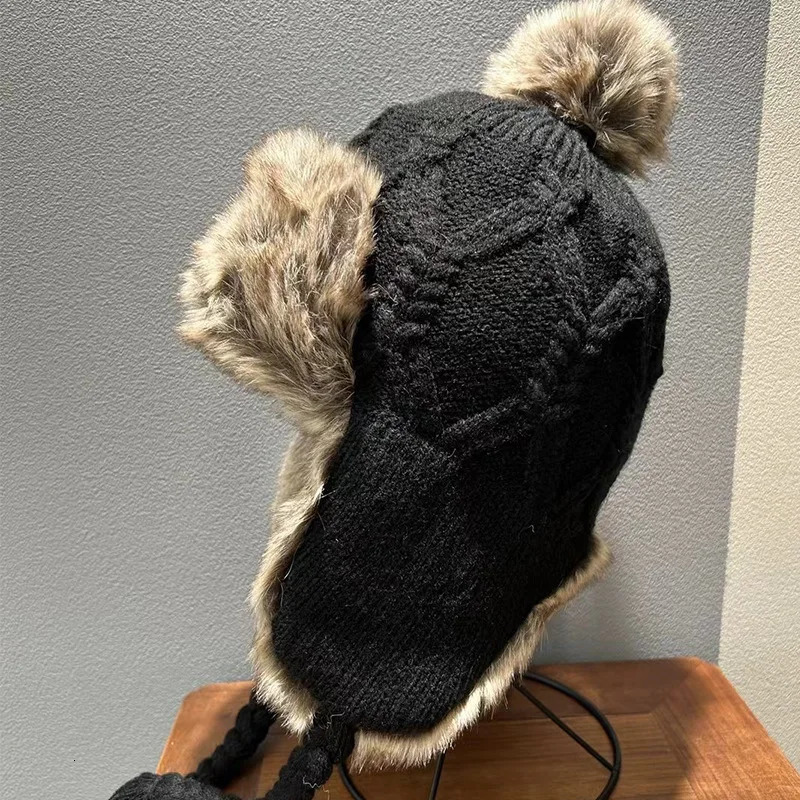 Winter faux fur plush Lei Feng hat with fashionable twisted texture windproof bicycle ear protection knitted bomber hat 241220