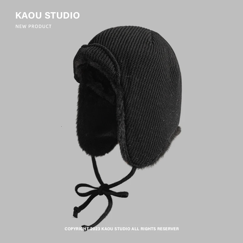 WInter solid color knitted Lei Feng hat mens and womens velvet skiing ear protection bicycle Russian hat bomber hat 241220