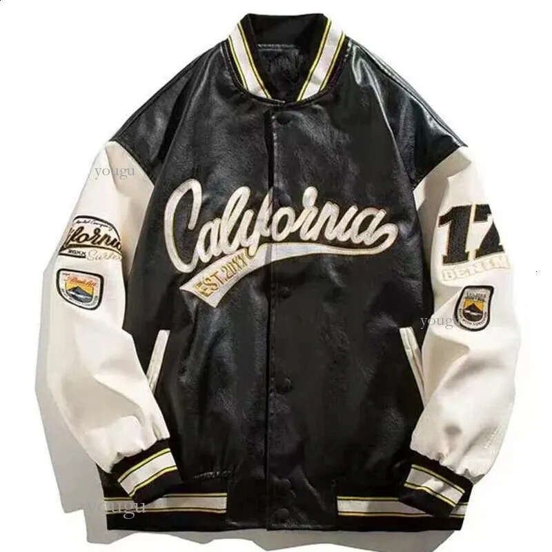 Embroidery Pilot Baseball Jacket Men Hip-Hop Streetwear PU Leather Varsity Bomber Jacket Women Harajuku Loose Coats 240924