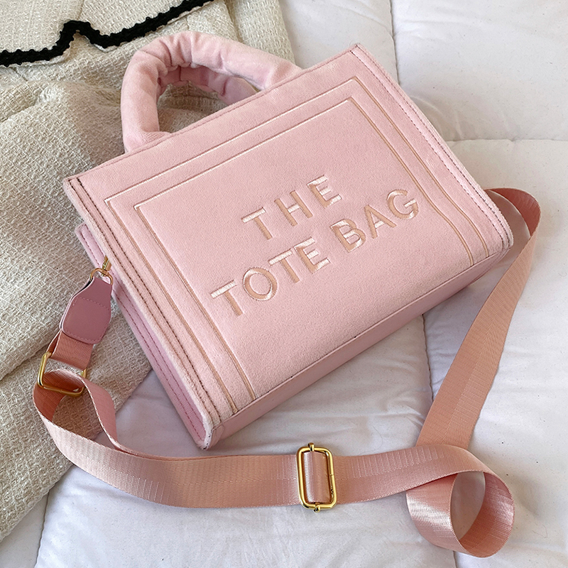 Women's Velour Pink Tote Bag Original Letter Print Medium Ladys Leisure Shopper Handbag Female Square Stylish Soft Shoulder Bags