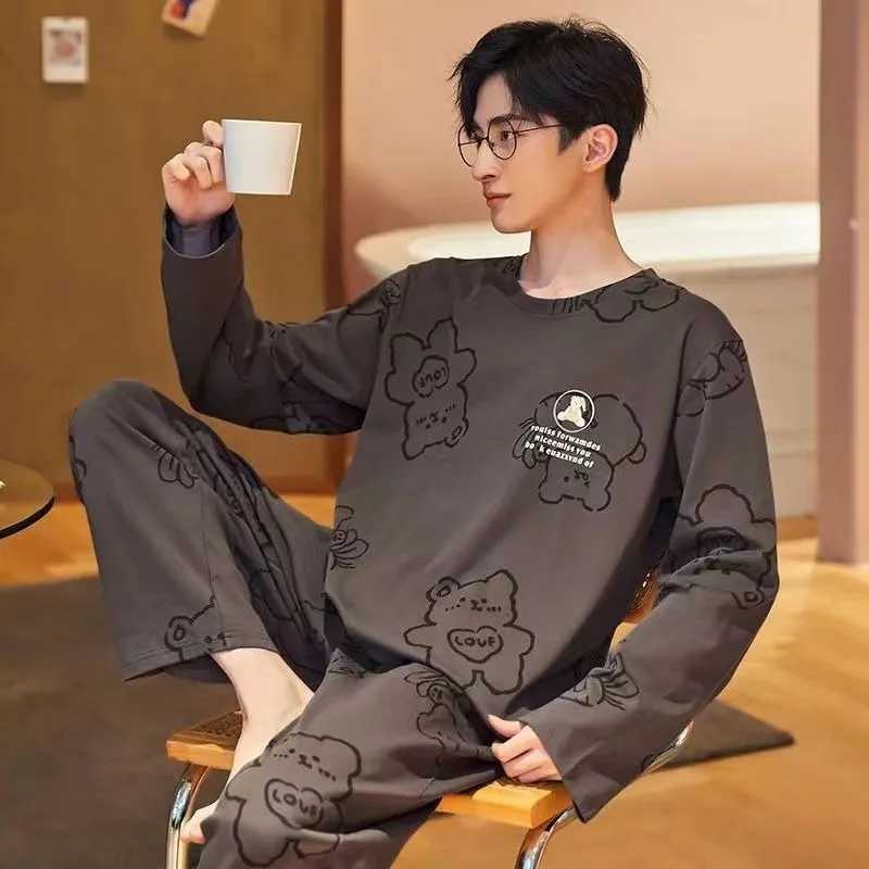 Plus size mens pajamas cartoon long sleeved Trouser student pajamas casual wear two-piece set round neck striped home wear W241221