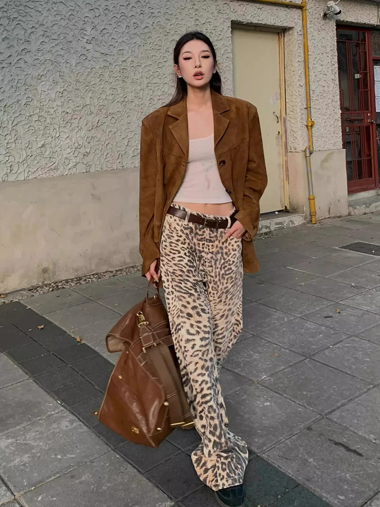 WCFCX STUDIO Leopard Print Womens Jeans High Waist Vintage Hip Hop Casual Straight Pants Streetwear Wide Leg Denim Trouser 241220