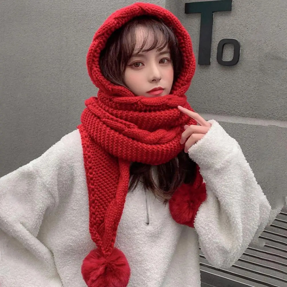 Twist Trim Knitted Scarf Hat Women Novelty Beanies Caps Plush Balls Decor Scarf Hat Casual Plush Hat Windproof Women Winter Caps 241214