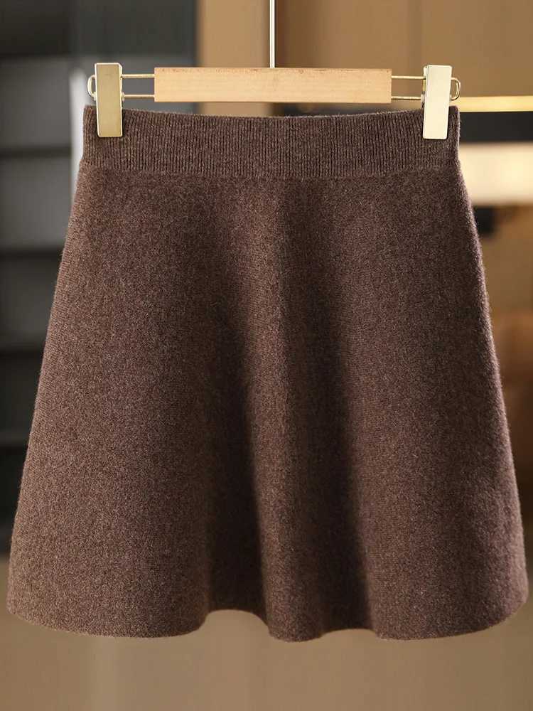 Womens Wool Skirt Autumn Winter Elastic Waist Mini A-Line Cashmere Skirt 100% Merino Wool Knitted Above Knee Preppy Style DressXJ241221
