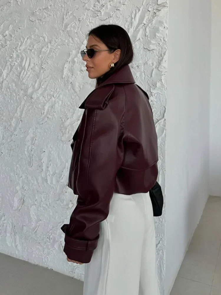 Vintage Solid Color Lapel Womens Pu Leather Jacket Loose Pockets Long Sleeve Coats Autumn Ladies Chic Office Street Outerwear 241216