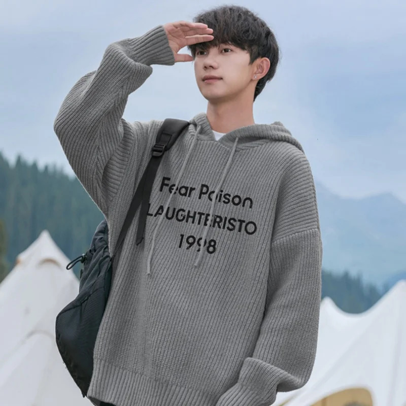 Velvet Hollow Hole Breaking Knit Sweater Mens Autumn Winter Models Loose Lazy Wind Hooded Pullover Sweater Top Warm 241220