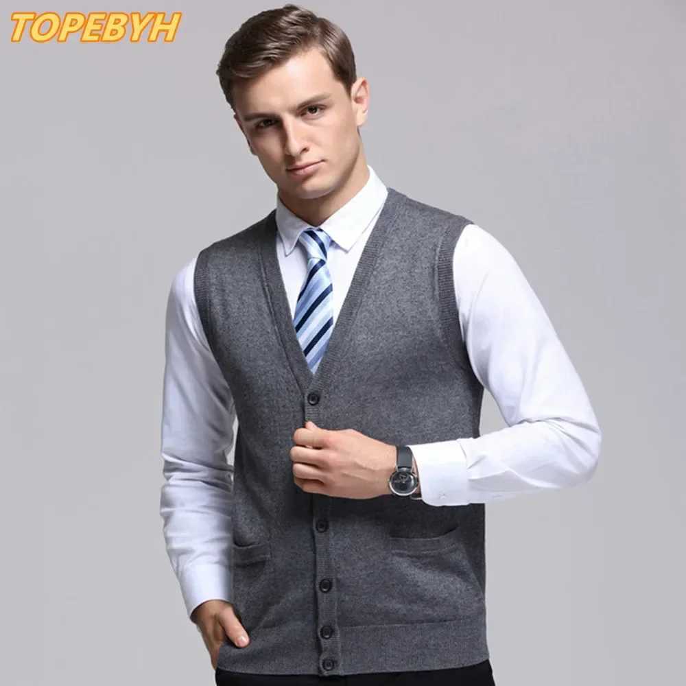 New Mens Business Casual Cardigan Wear Warm Sleeveless Wool Knitted Sweater VestXJ241221