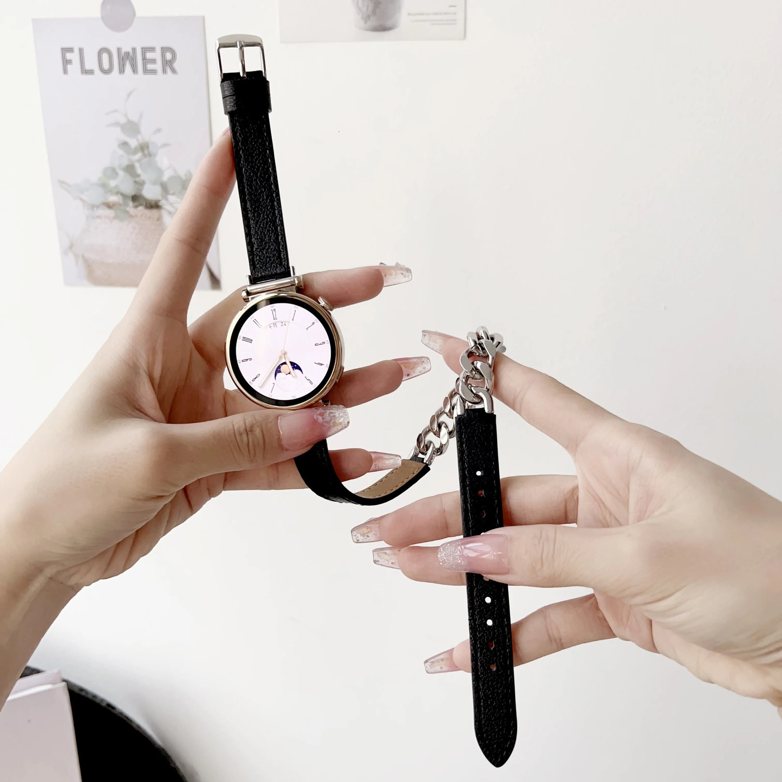 18mm Chain leather strap watch band For Huawei Watch GT4 5 41mm Smartwatch strap for women girl lady 241220