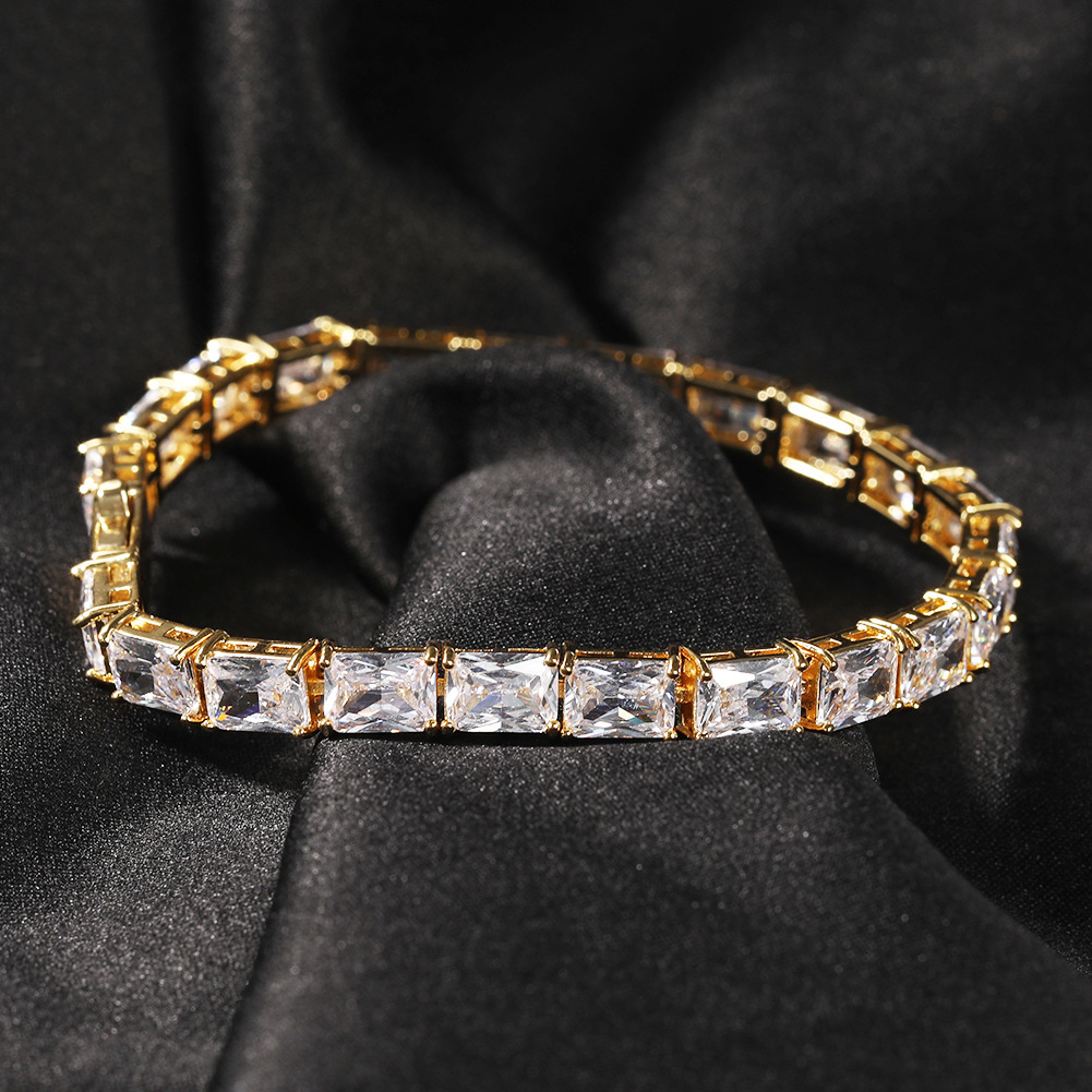 New In Hip Hop Bling Rectangular Cubic Zircon Bracelet Spring Buckle Trendy 16k Gold Square Cz Stones Tennis Bracelets Wolf Tide Full Gemstone Bijoux 