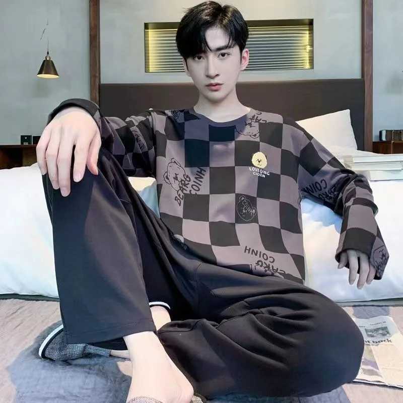 Plus size mens pajamas cartoon long sleeved Trouser student pajamas casual wear two-piece set round neck striped home wear W241221